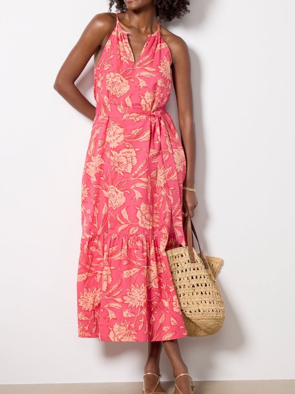 Evereve Layla Maxi Dress Pink Tropical Floral Print Cotton Belted Size Medium